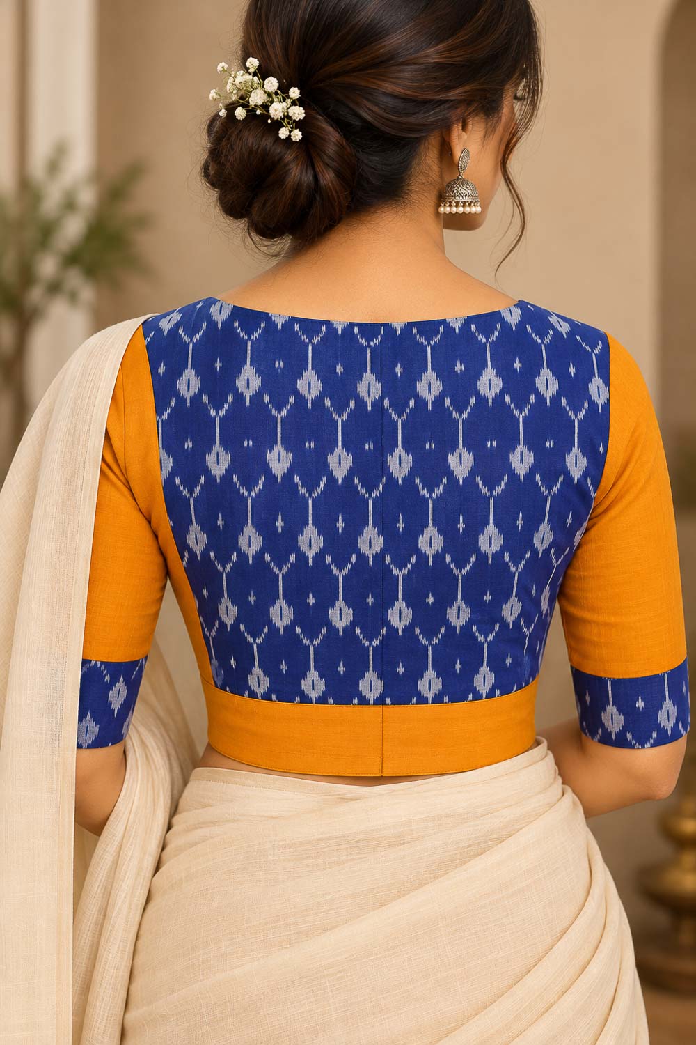 Yellow cotton with blue cotton silk ikkat