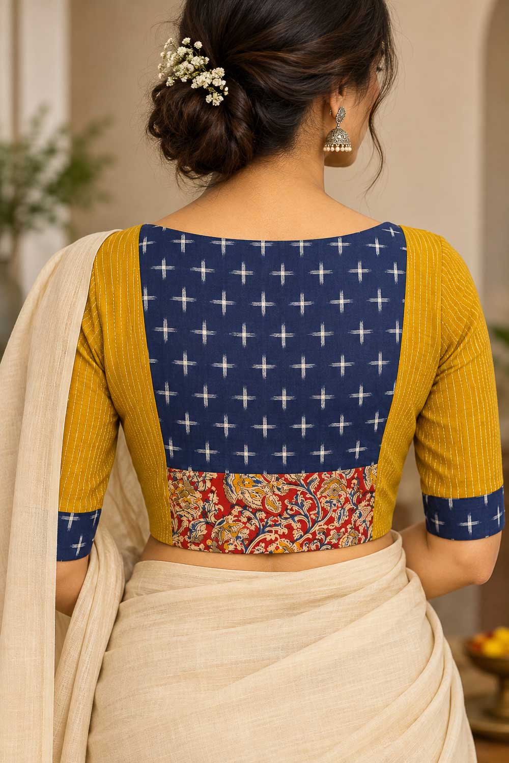 Mustard yello self lined with Ikkat & Kalamkari