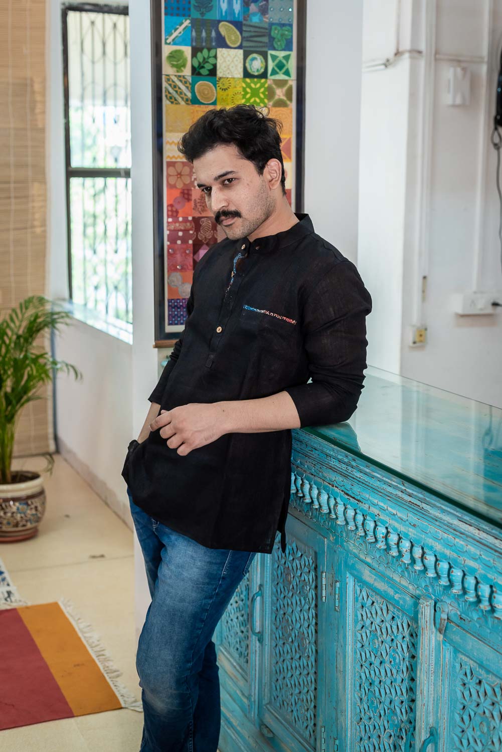 Black Linen Short Kurta