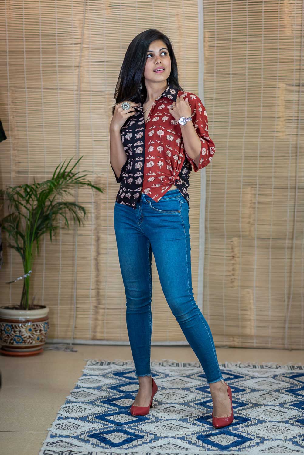 Red-Black Bachpan print loose crop top