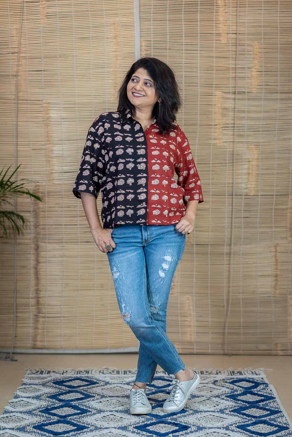 Red-Black Bachpan print loose crop top