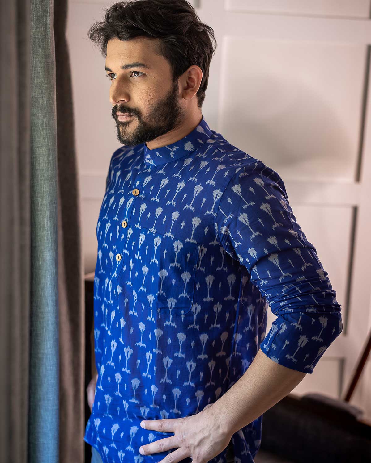 Blue Mercerised Ikkat Short Kurta