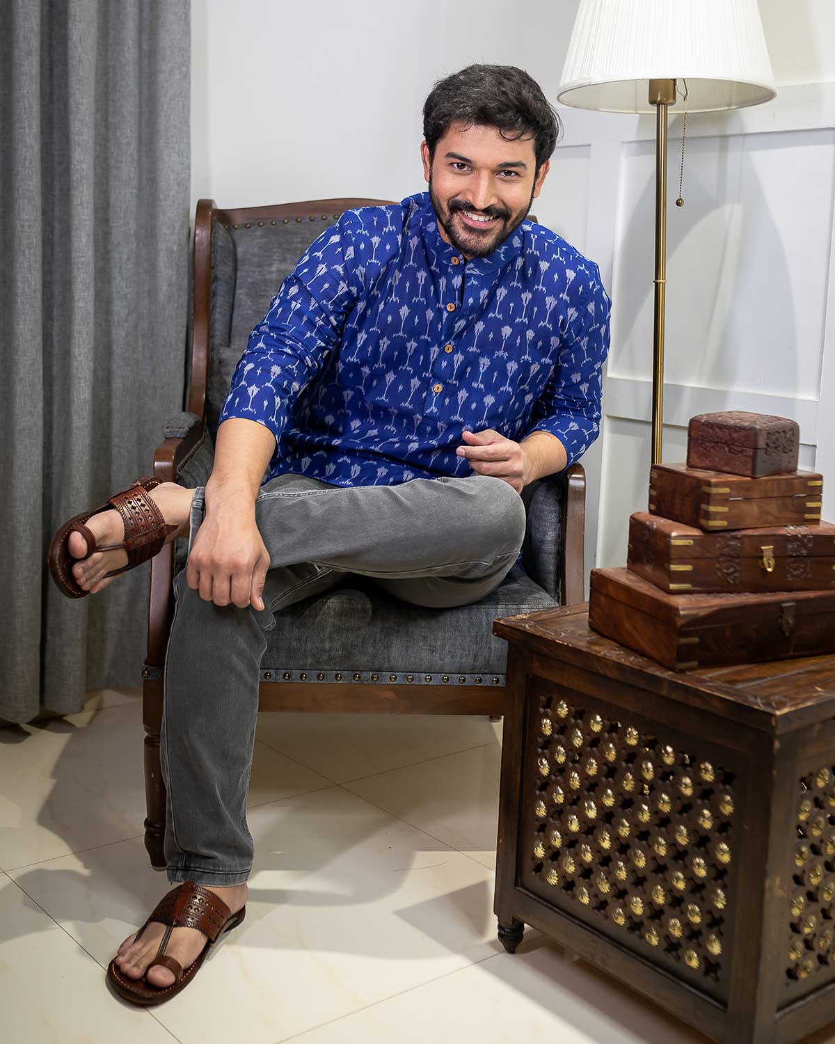 Blue Mercerised Ikkat Short Kurta