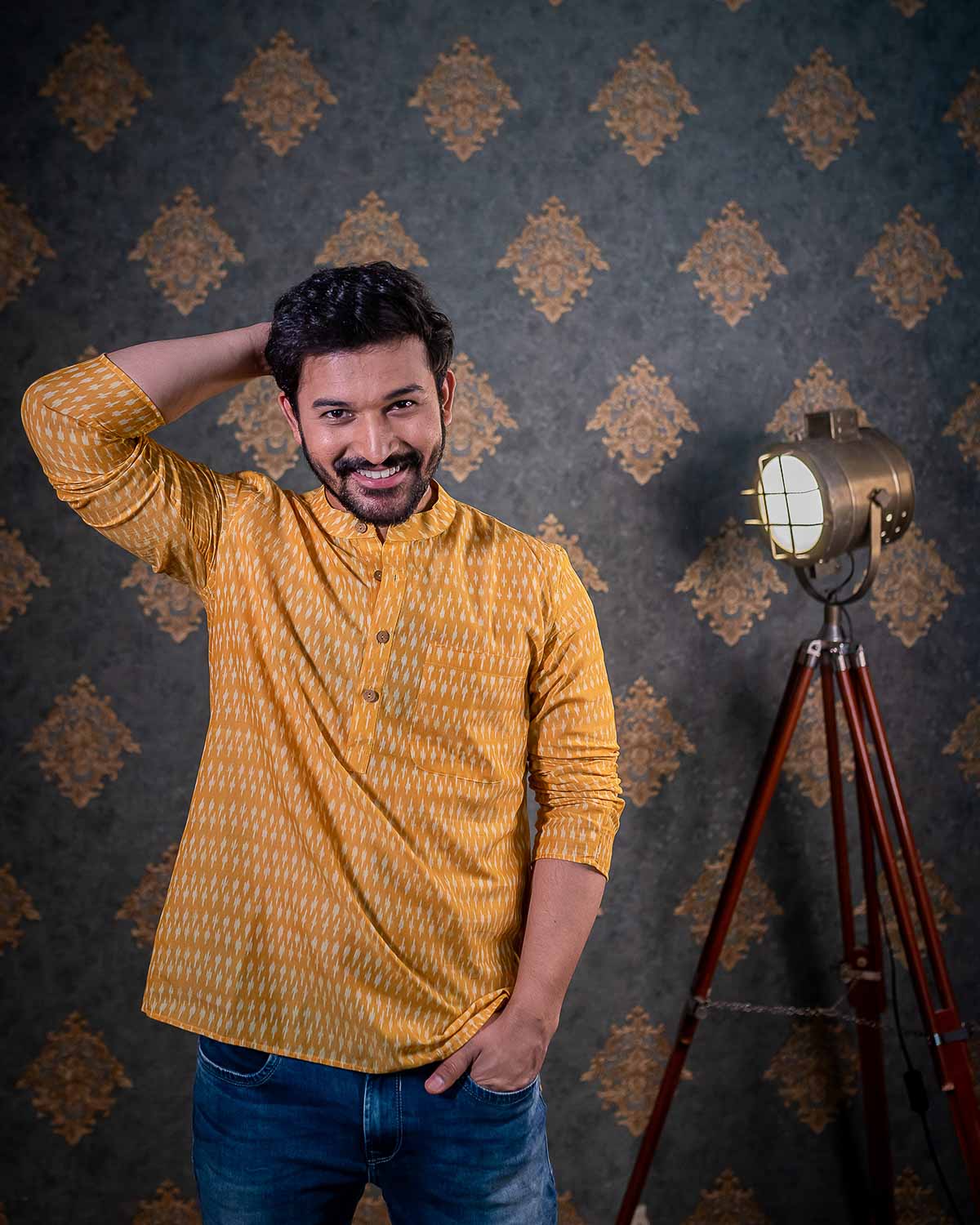 Yellow Mercerized Ikkat Short Kurta