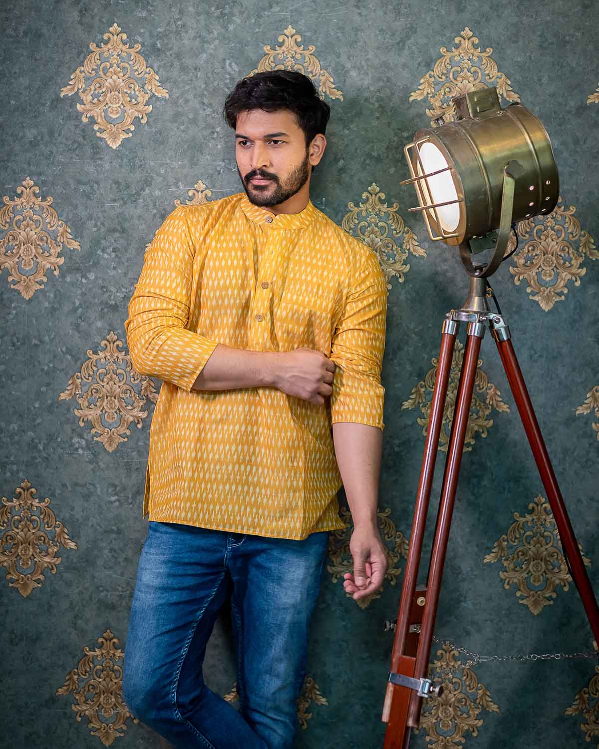 Yellow Mercerized Ikkat Short Kurta