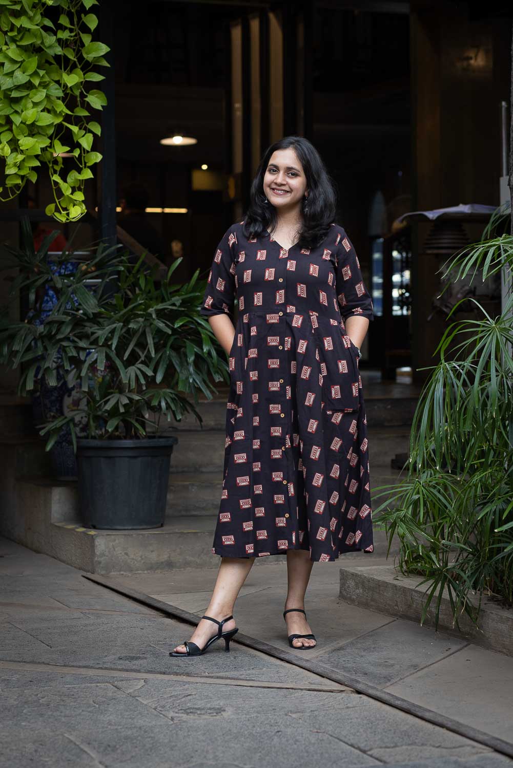 Black Cassette signature print One Pc Dress cum Kurta