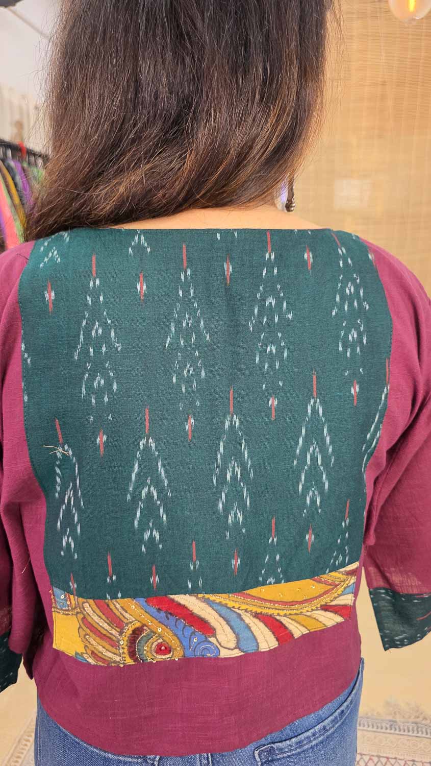 Designer Ikkat & Pen kalamkari Ready to stich Blouse/Cropped Top