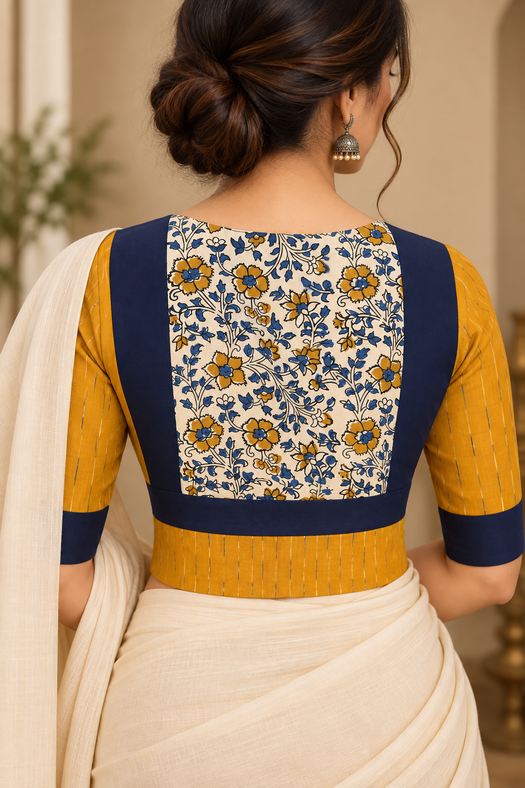 Yellow & navy blue Ikkat