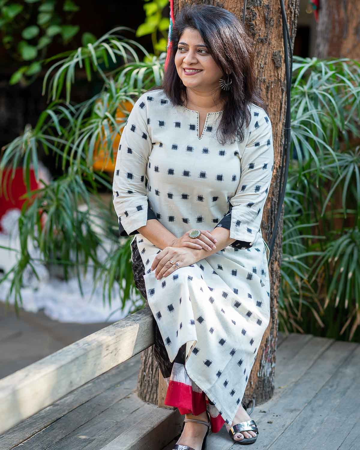 Creamish white Black Exclusive double Ikkat Kurta