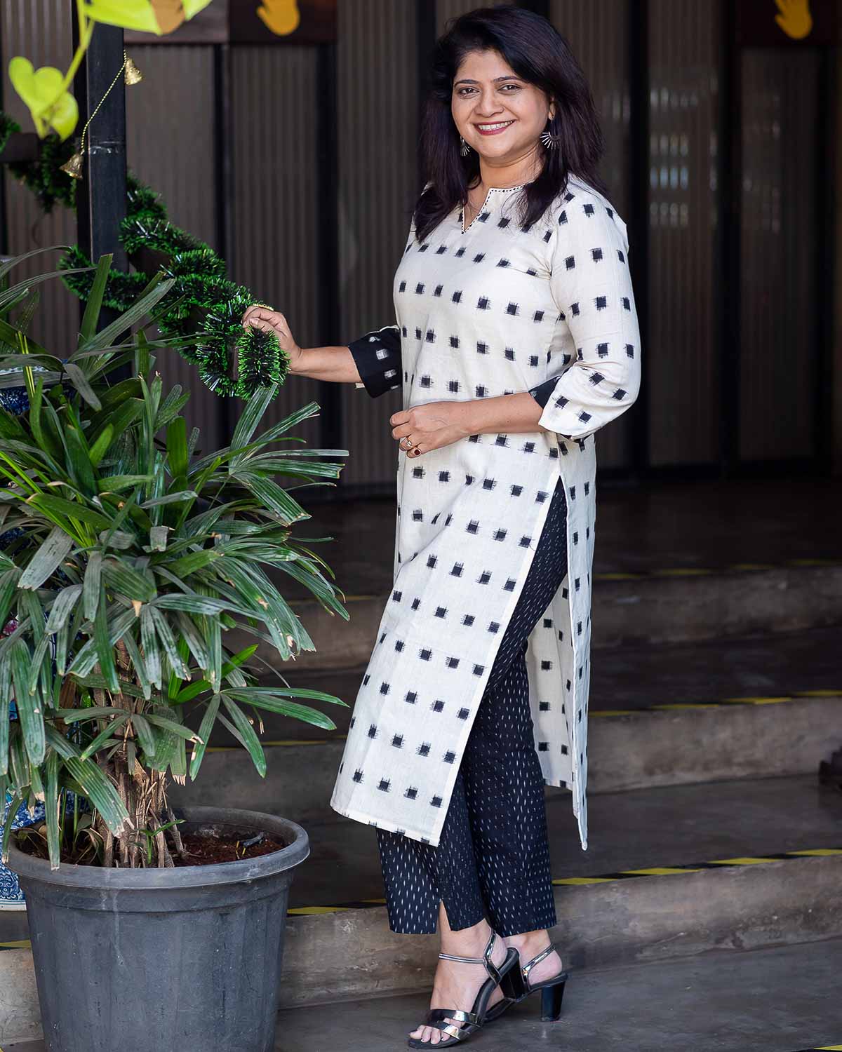 Creamish white Black Exclusive double Ikkat Kurta