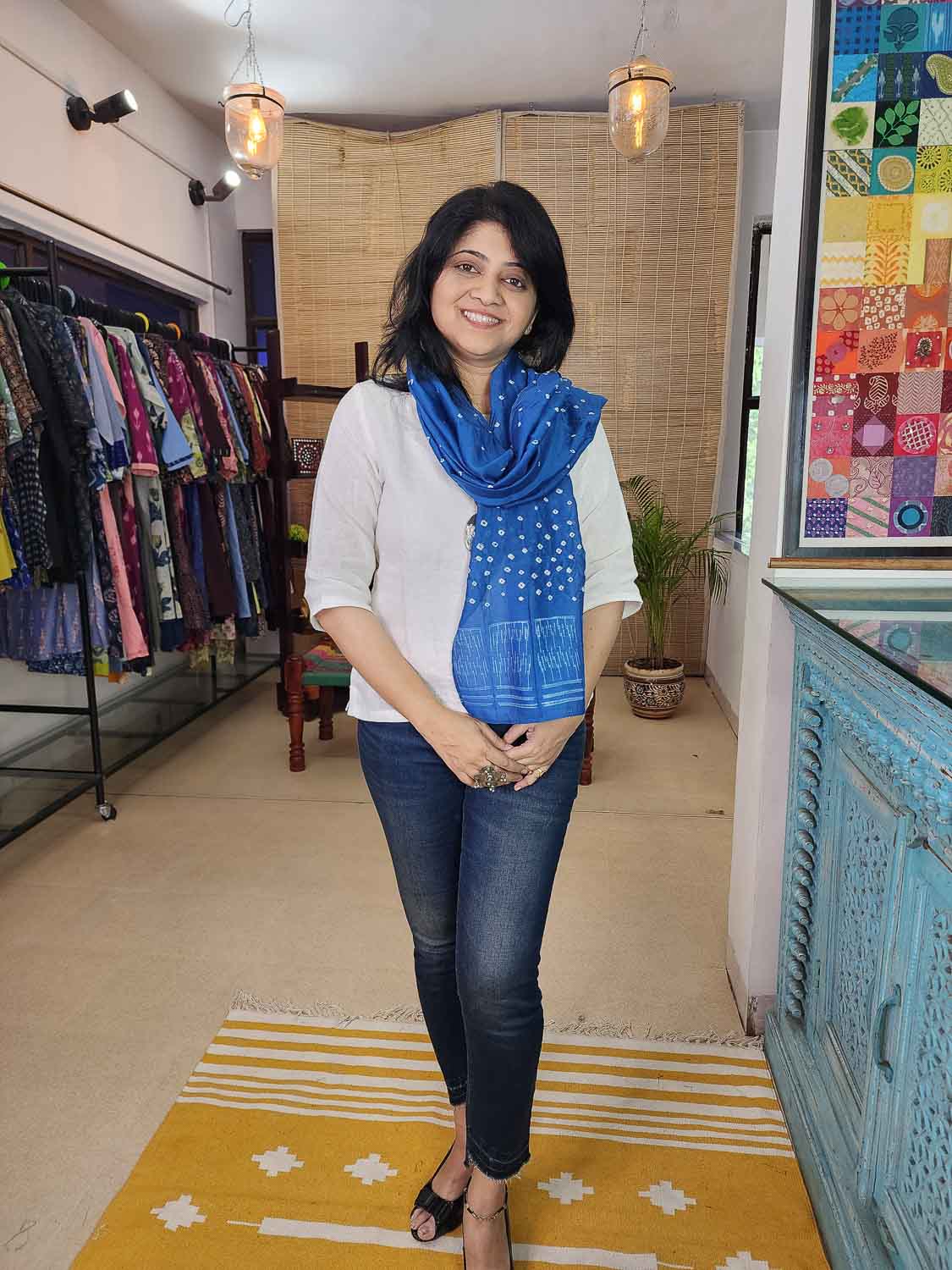 Blue Bandhej Shibori Chanderi scarf