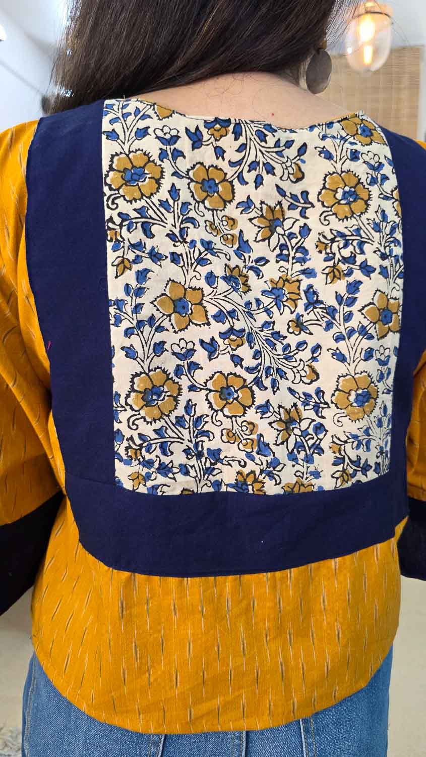 Yellow & navy blue Ikkat
