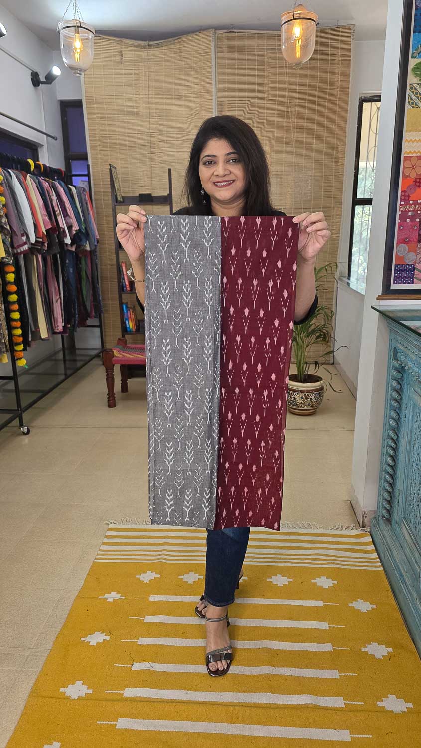 Maroon Gray Ready to wear Scarves in silk Ikkat