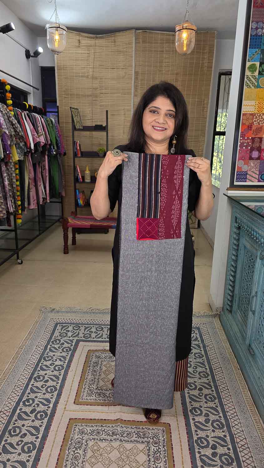 Gray with ikkat & banjara Patterned kurta fabric