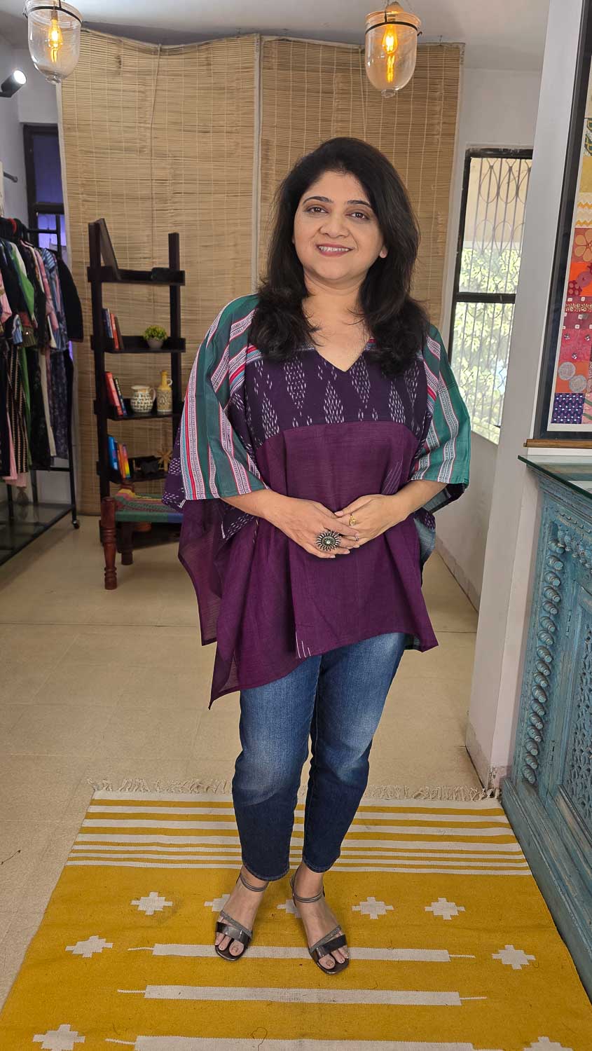 Designer short kaftan Purple green with green border