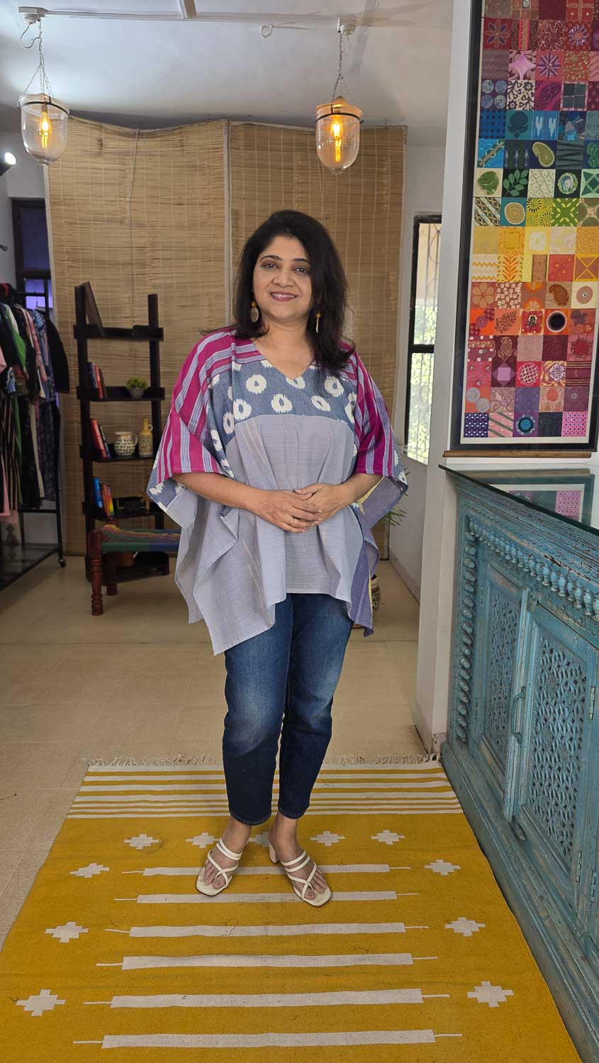 Designer short kaftan gray/blue with pink