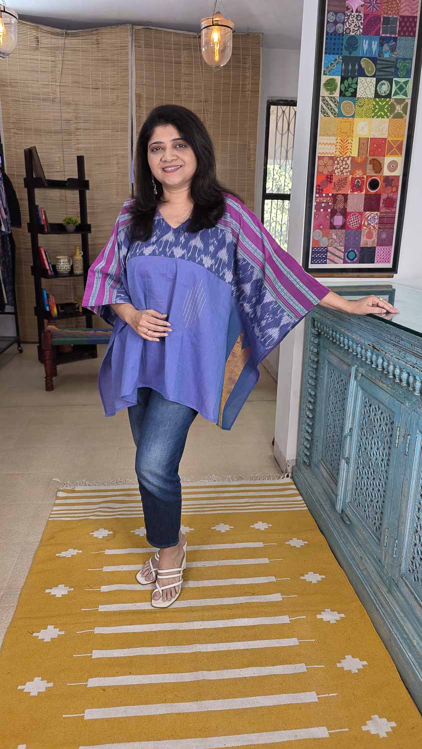 Designer short kaftan Blue with magenta border
