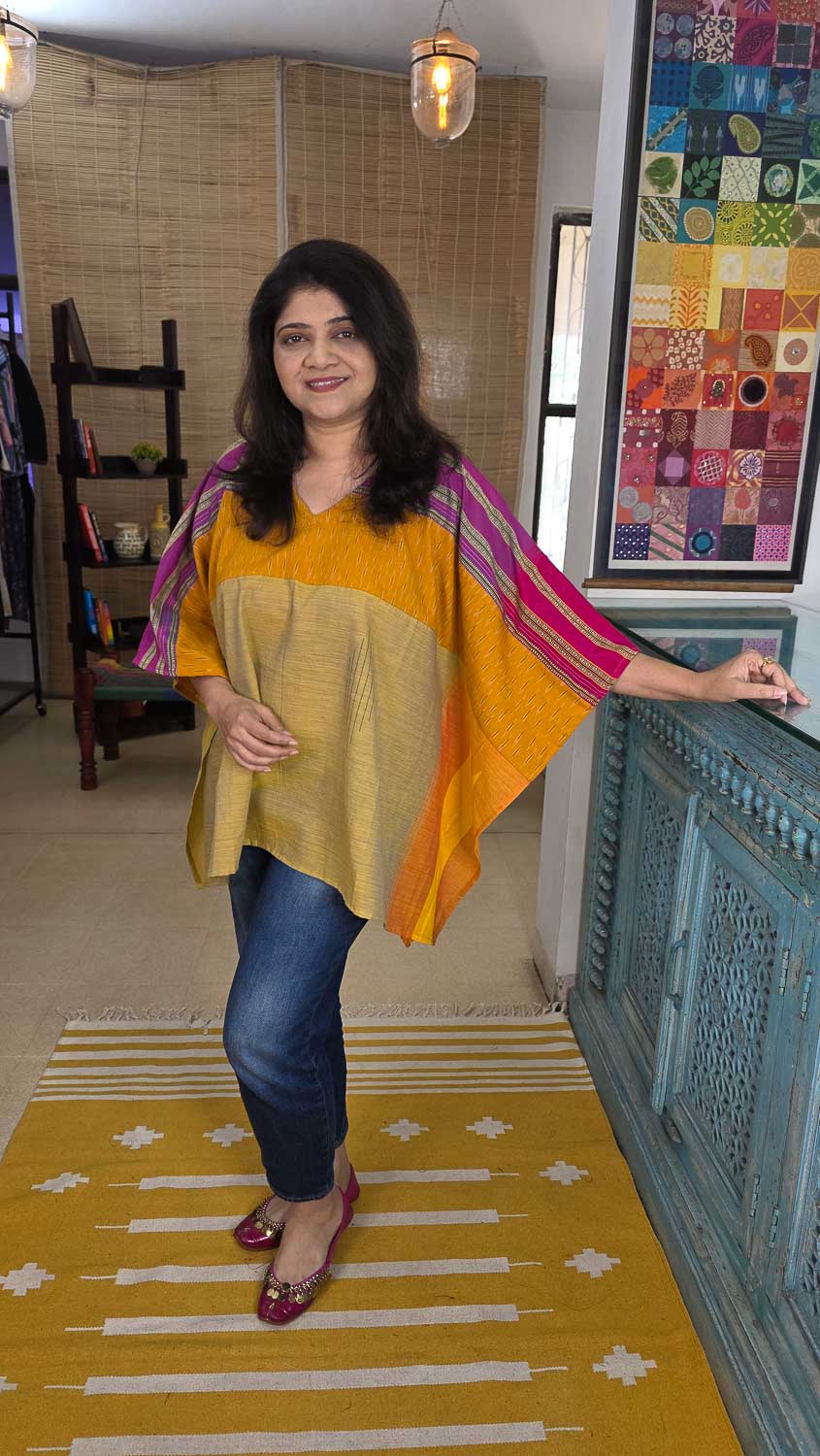 Designer short kaftan Yellow with magenta & pink