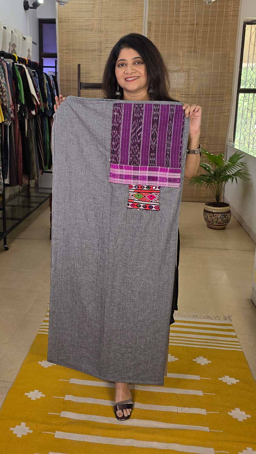 Handwoven Ikkat Cotton Kurta Fabric Unstitched in Gray Magenta — Rush Me Fashions