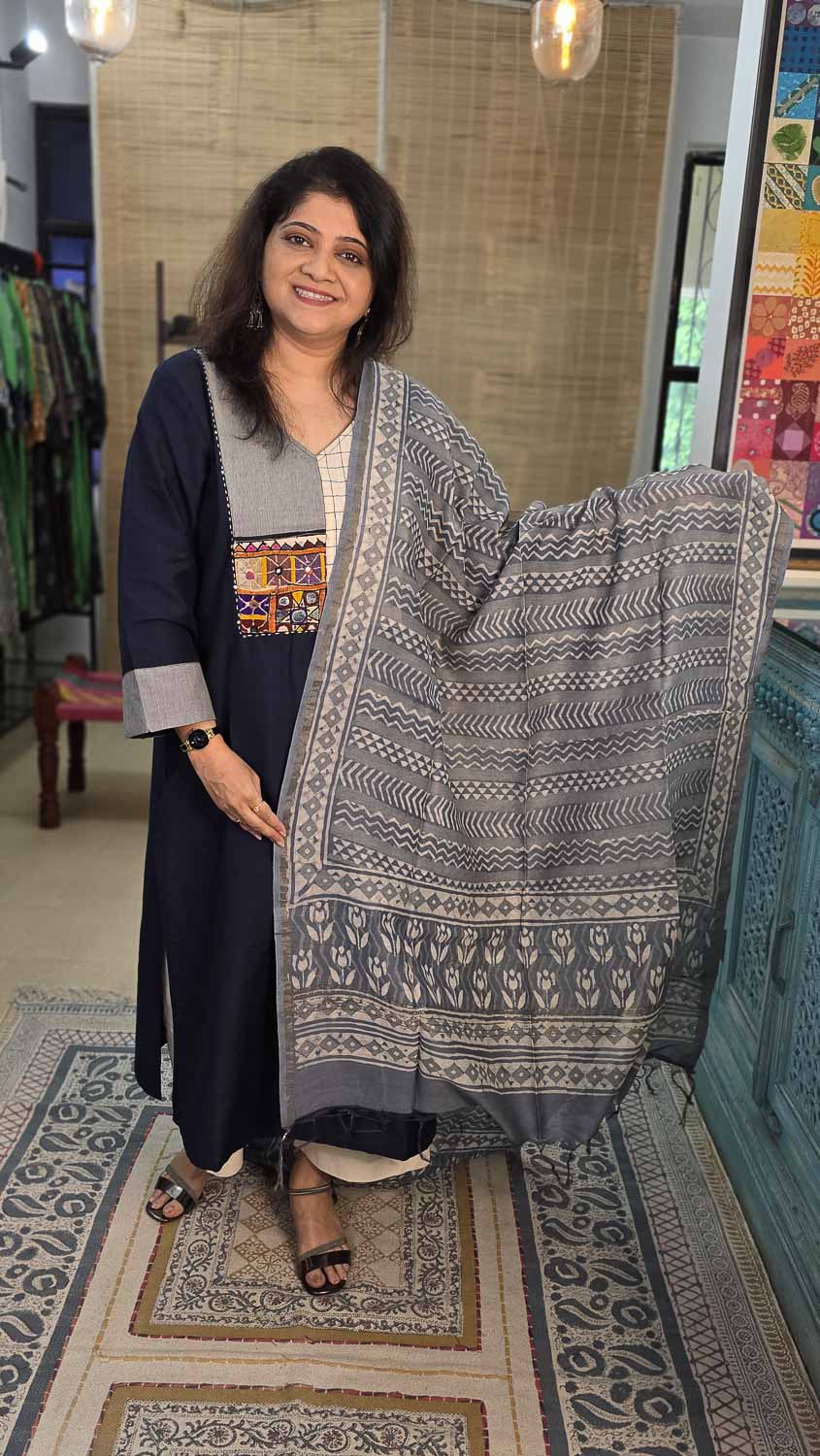 Cotton Silk chanderi geometric handblock dupatta with Banjara handwork
