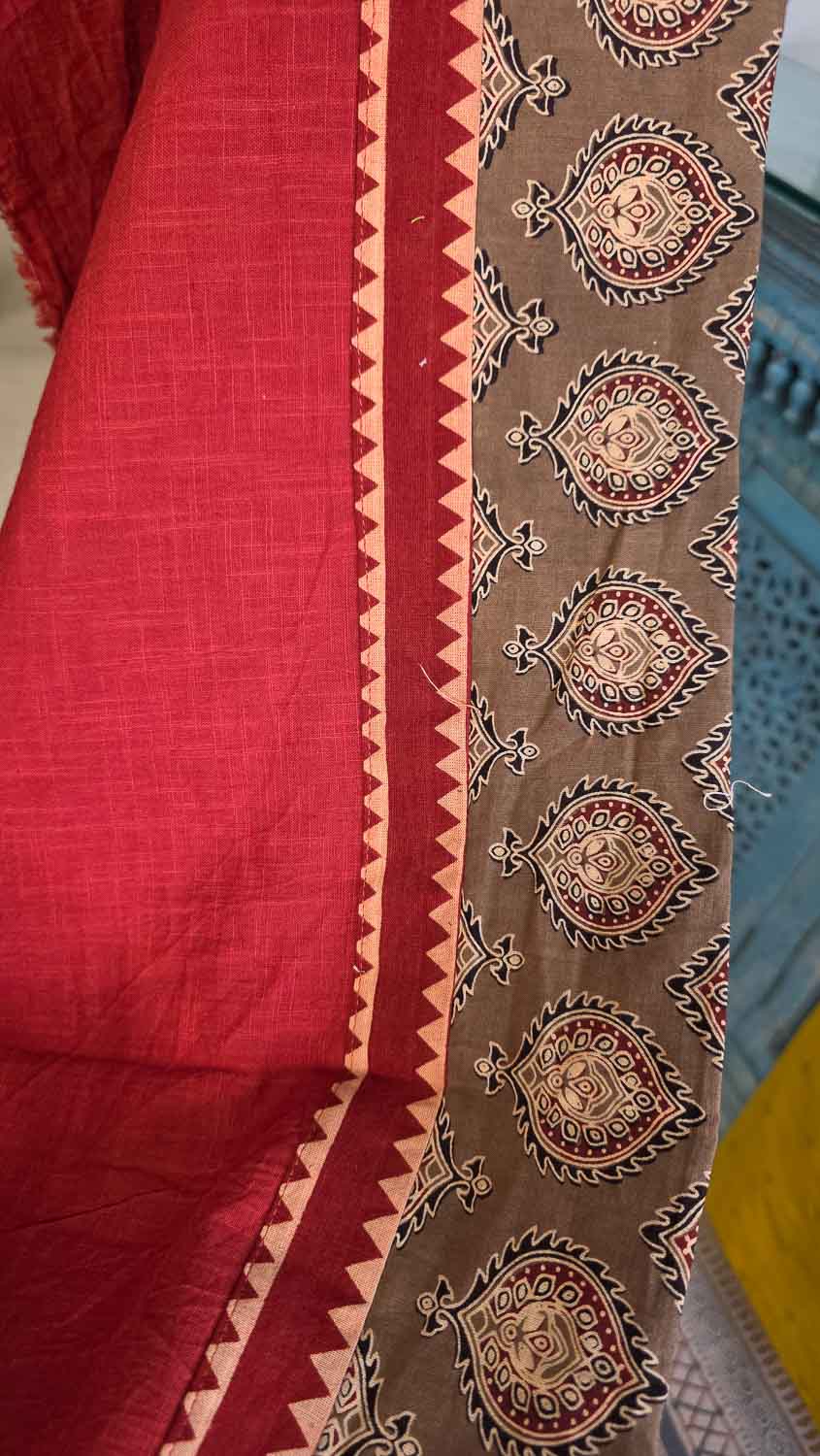 Red Slub with hand block print patch