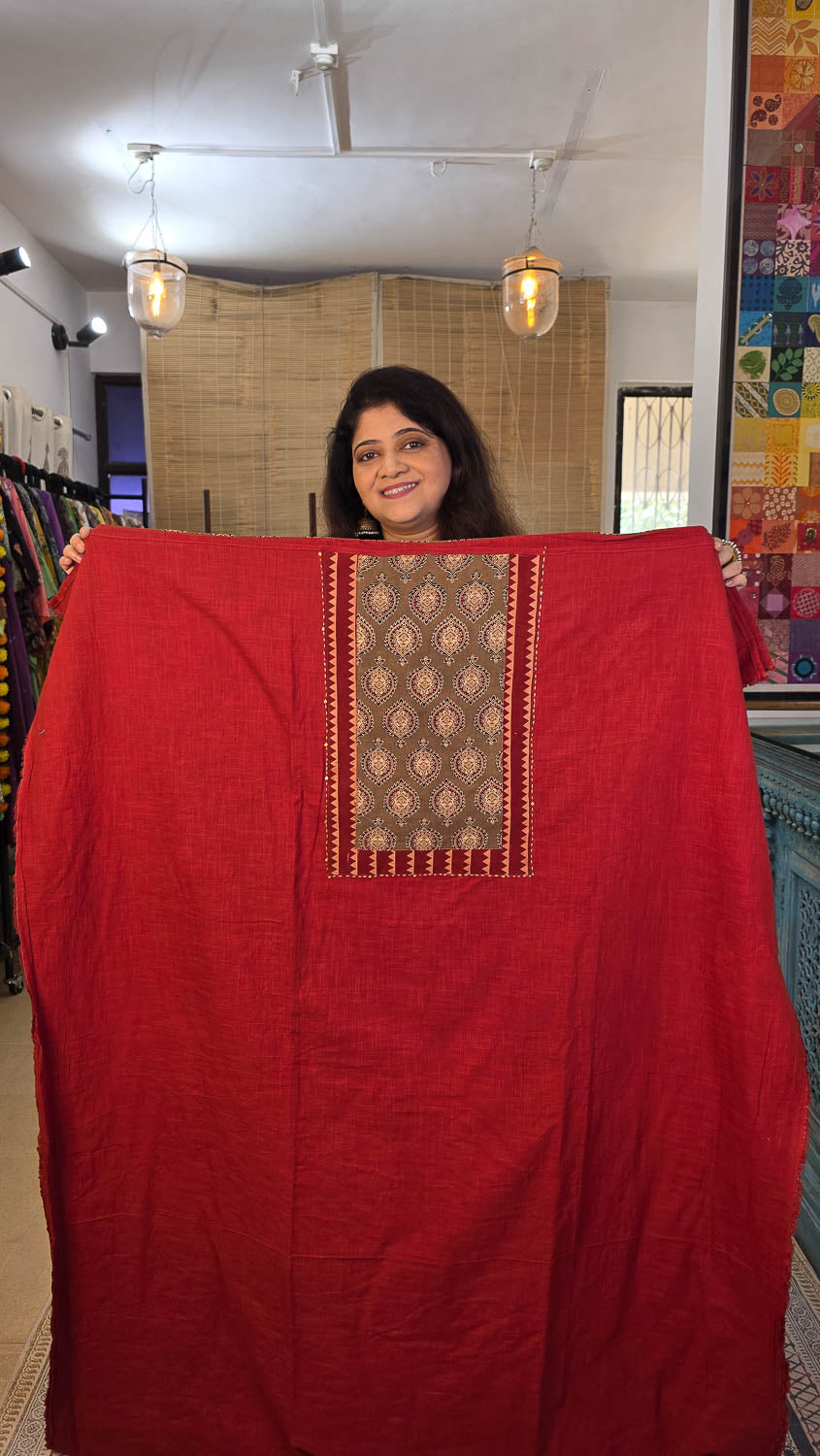 Red Slub with hand block print patch