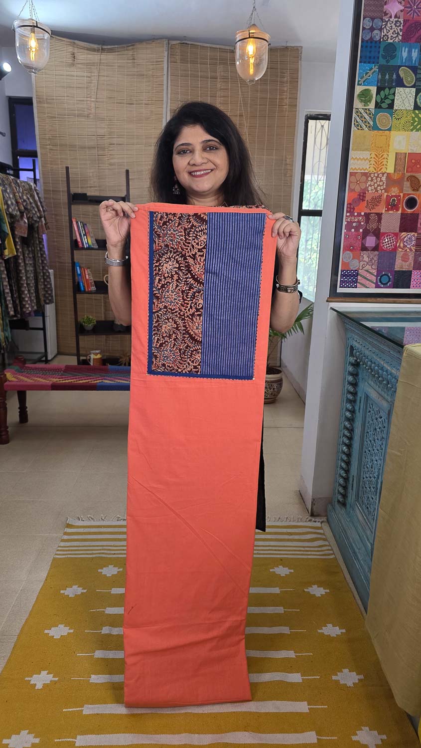 Peach pure cotton with kalamkari & Ikkat