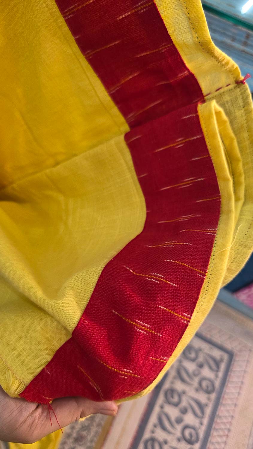 Yellow patterned kurta fabric with exclusive ikkat patchwork