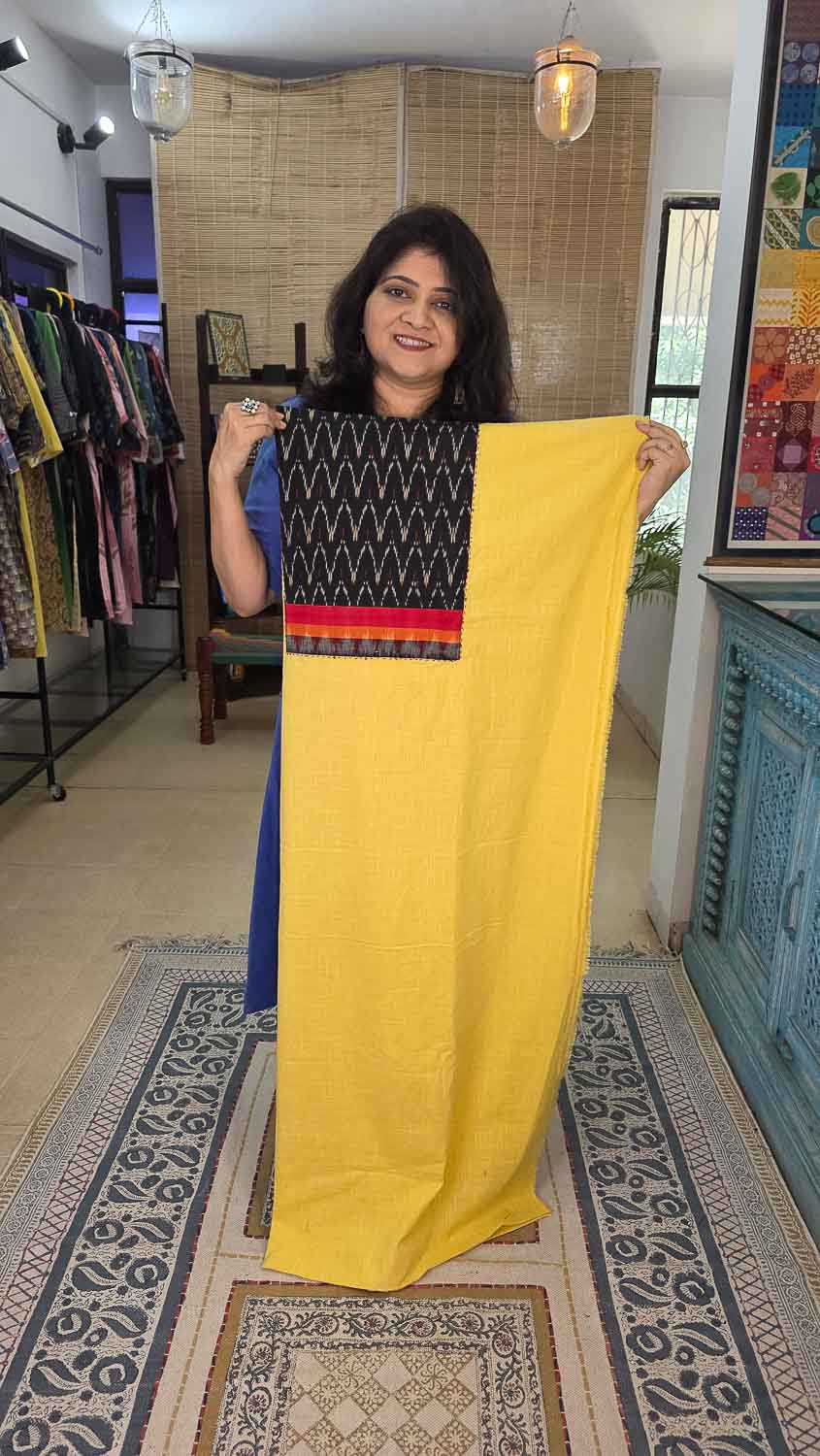 Yellow patterned kurta fabric with exclusive ikkat patchwork