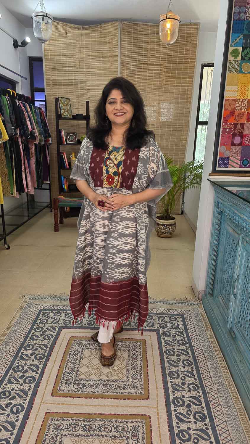 Ikkat designer kaftan with pen kalamkari