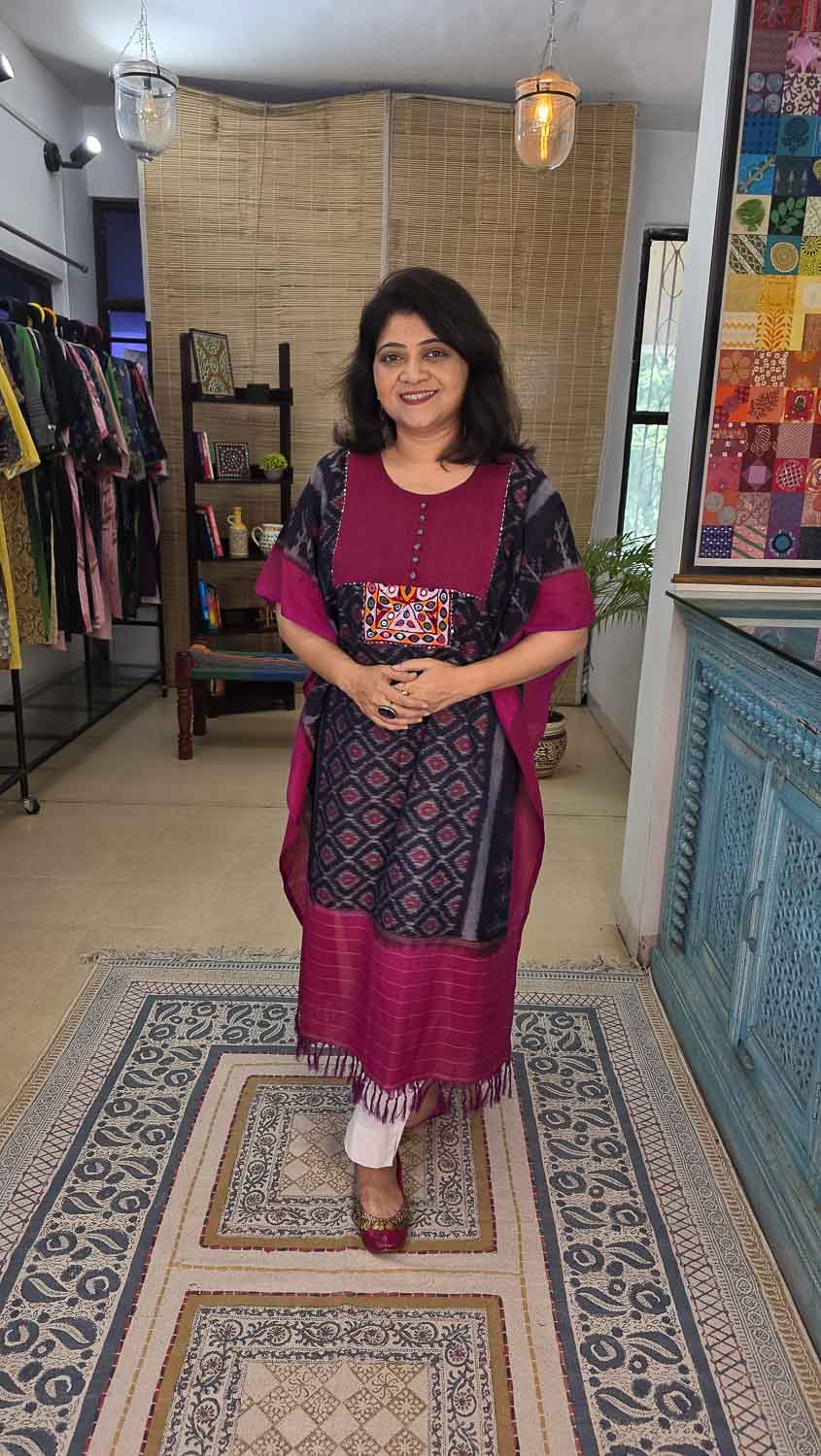 Ikkat designer kaftan with banjara embroidery
