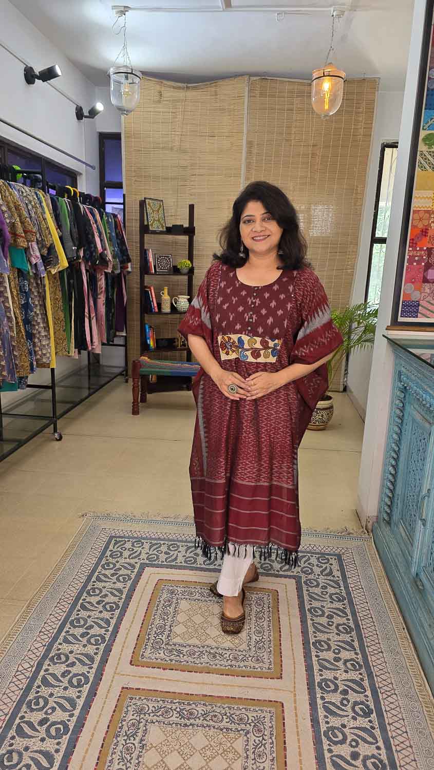 Maroon Ikkat designer kaftan with pen kalamkari