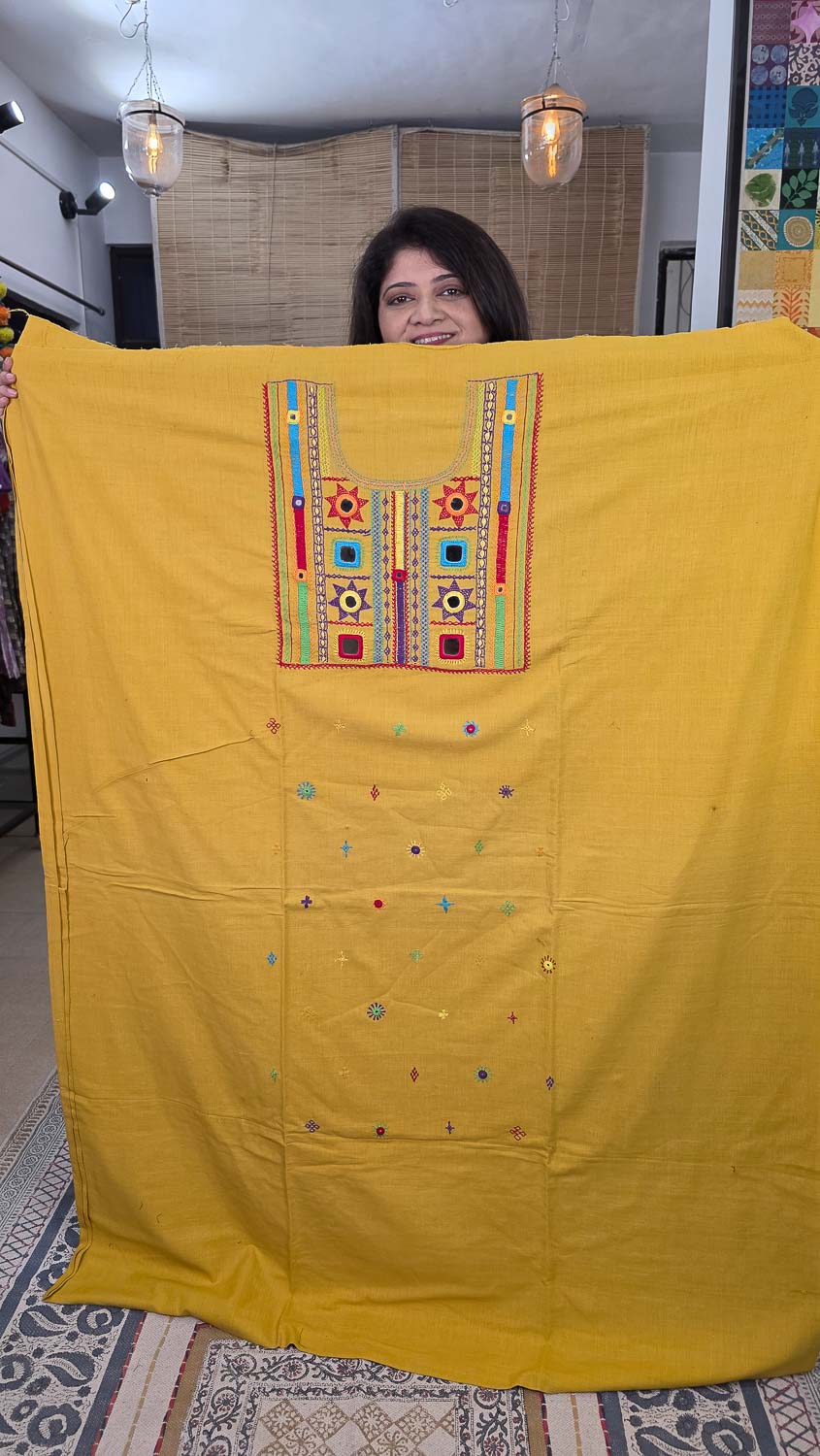 Yellow Lambani hand work kala cotton kurta fab