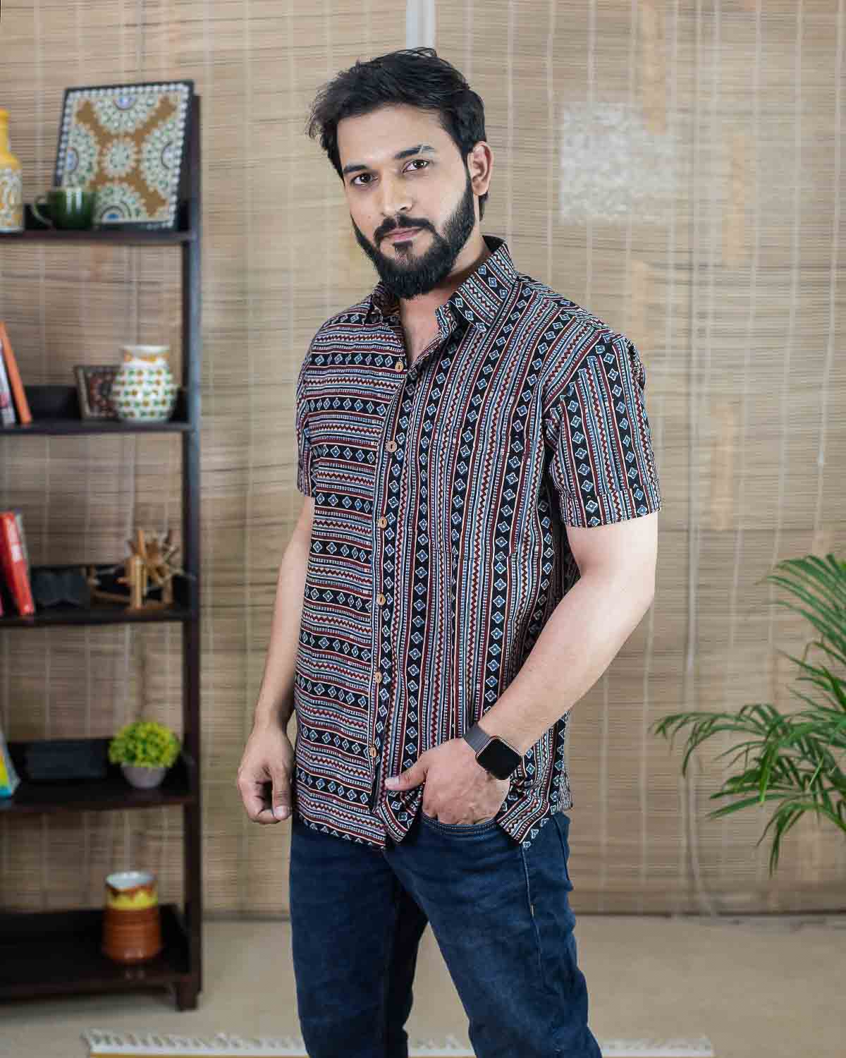Black patterned Ajrakh Cotton Shirt