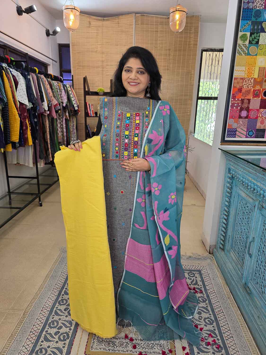 Gray multicolor Lambani With exclusive Jamdani. Buy Bottom separately.
