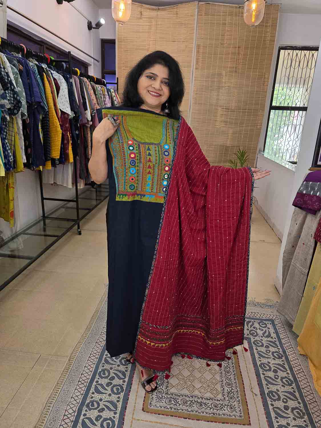 Lambani Kurta With Kantha work applique work ajrakh dupatta. Top / Dupatta Buy Separately