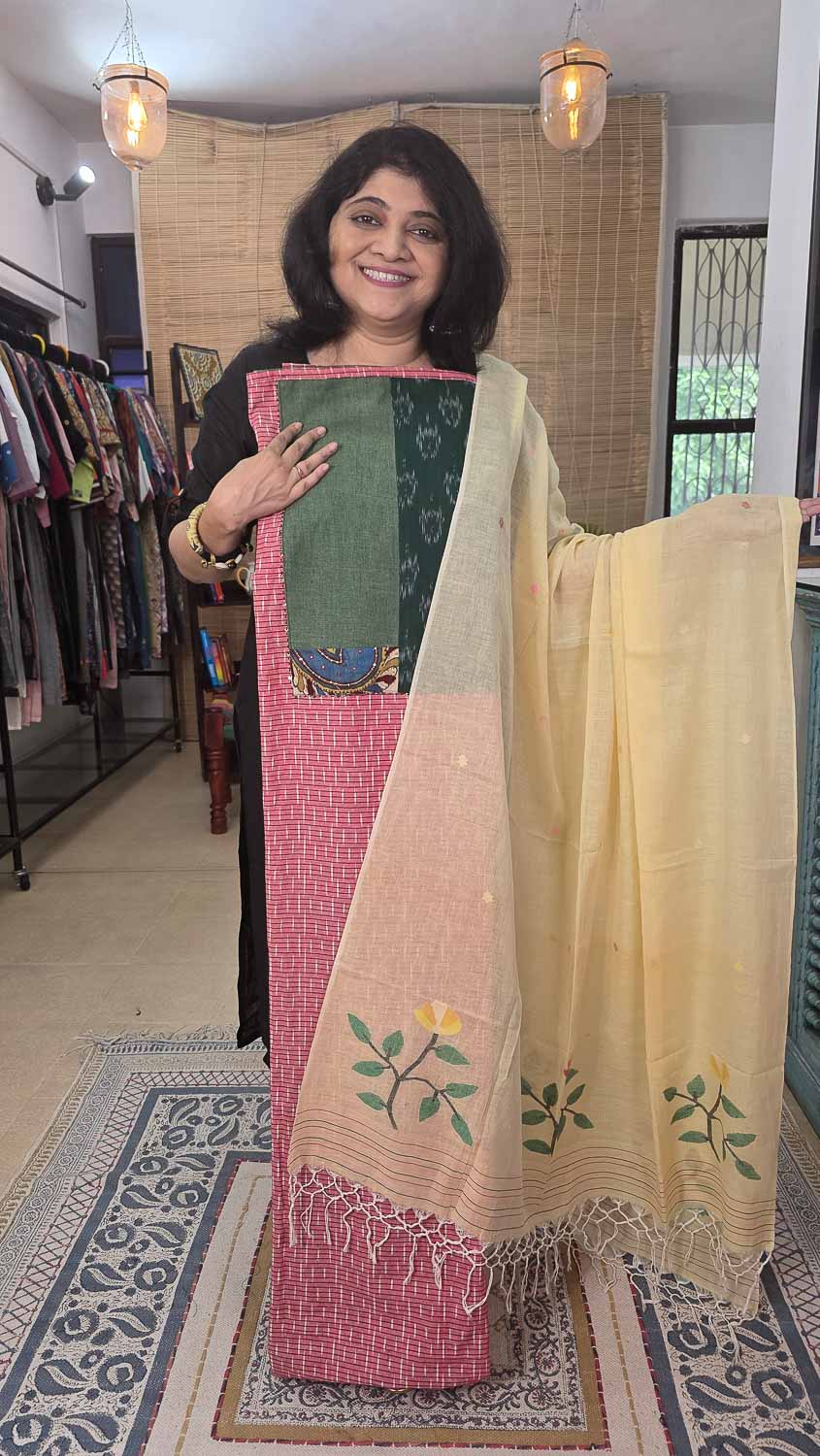 Ikkat patterned kurta fab and Soft Jamdani cotton dupatta