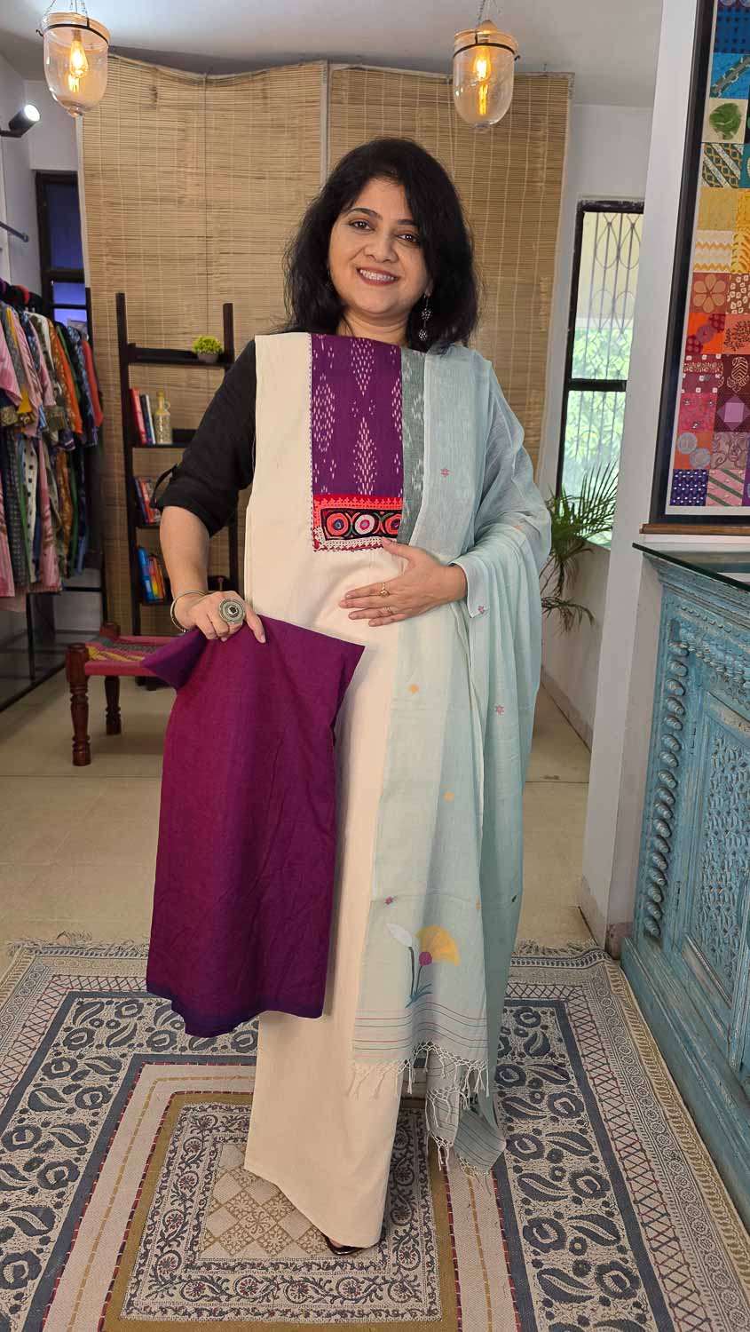 Soft Jamdani cotton dupatta with Primium kurta fab - bottom fab optional