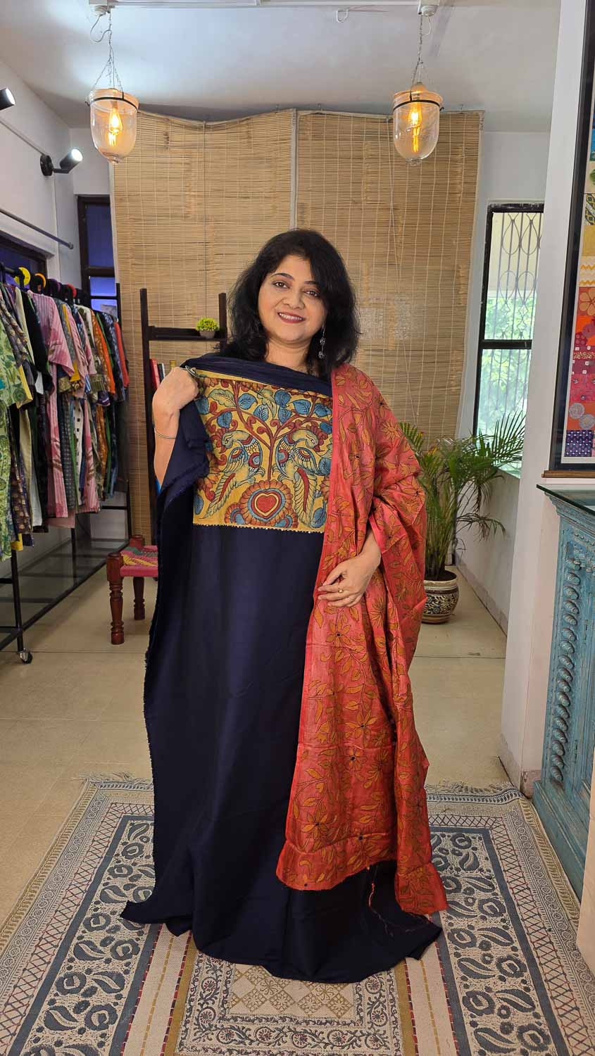 Tussar dupatta with Pen kalamkari silk kurta fab - bottom optional