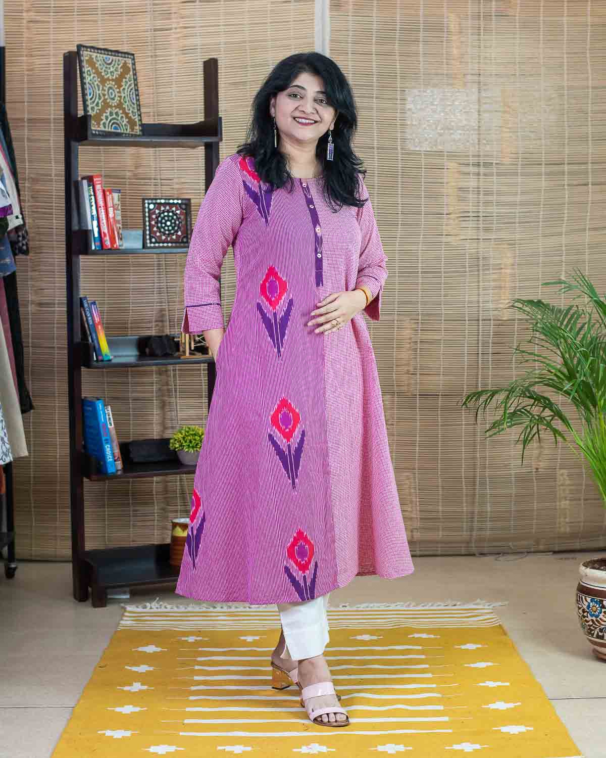 Checkered Pink purple rare weave Ikkat Dress Cum Kurta