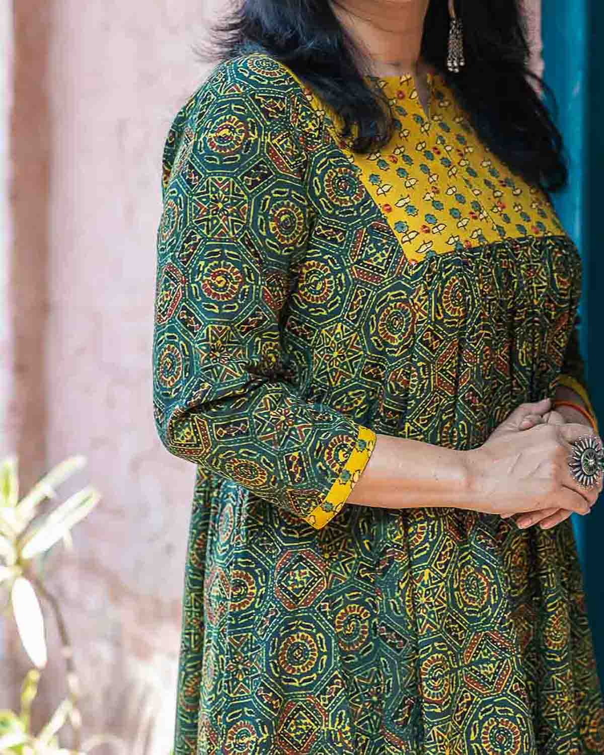 Green Embroidered Ajrakh with flare Dress cum Kurta