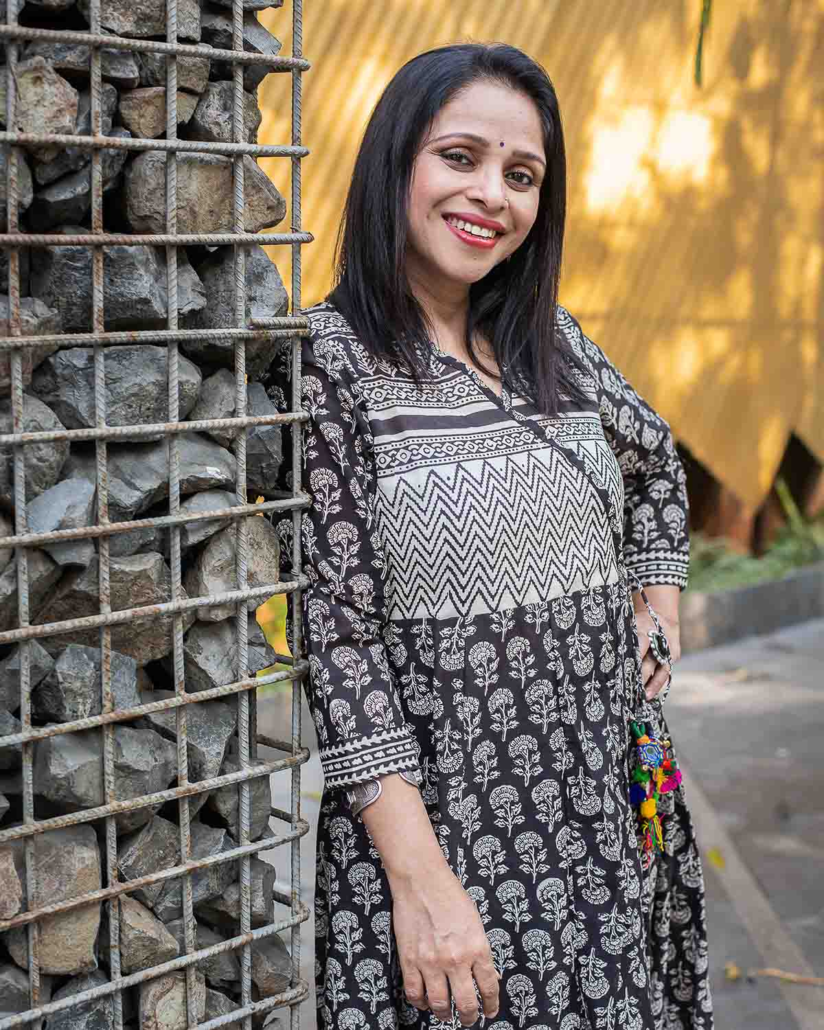 Black Designer hand block printed Anarkali