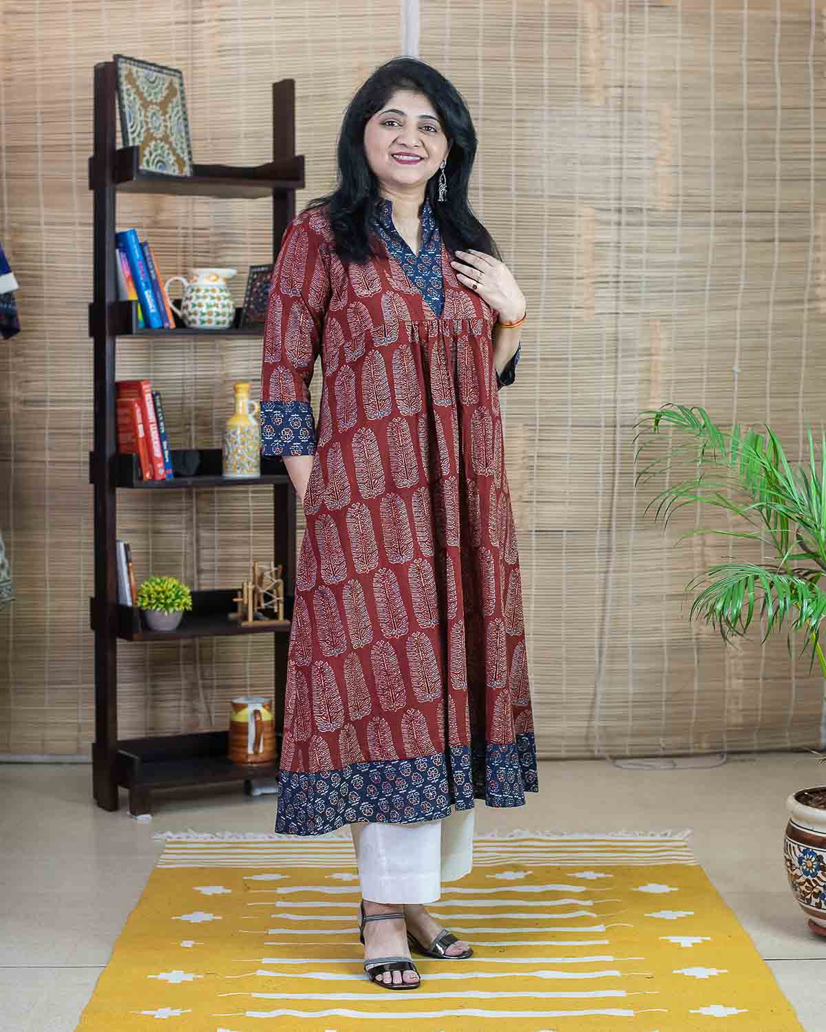 Red Ajrakh with contrast blue Dress
