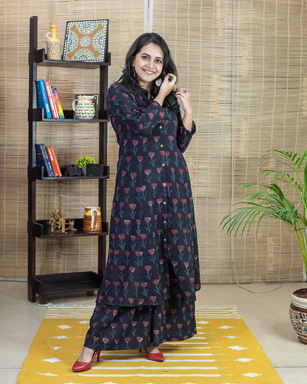 Signature slub - Black floral vanaspati hand block print kurta