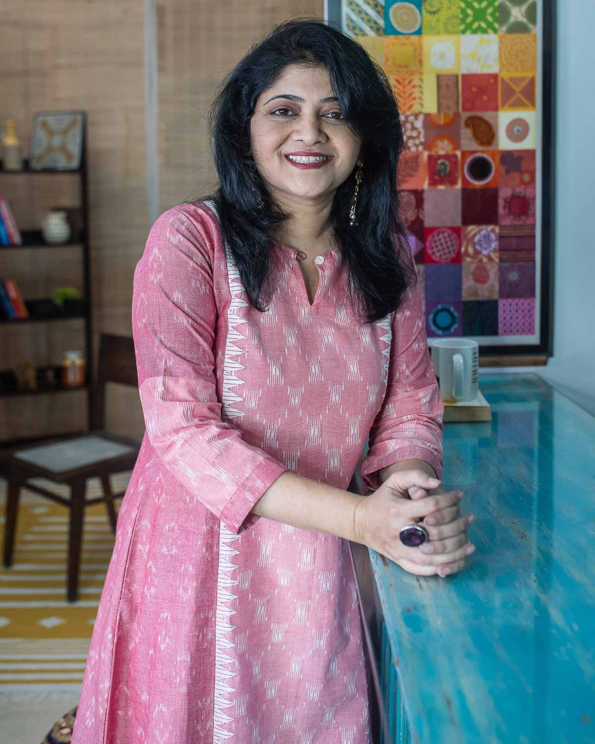 Pink ikkat & applique work Dress Cum Kurta