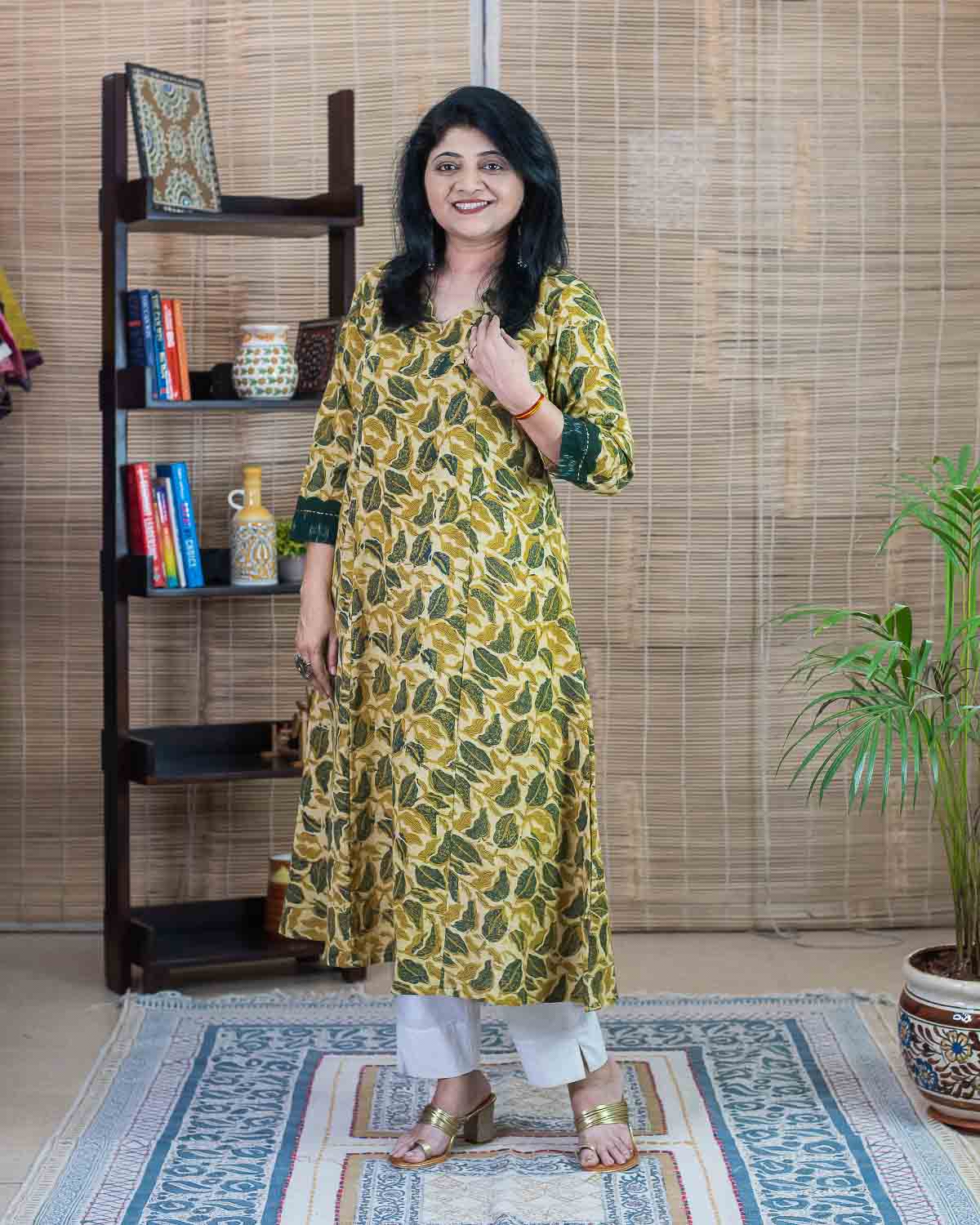 Signature slub Yellow Green hand block printed Dress/kurta