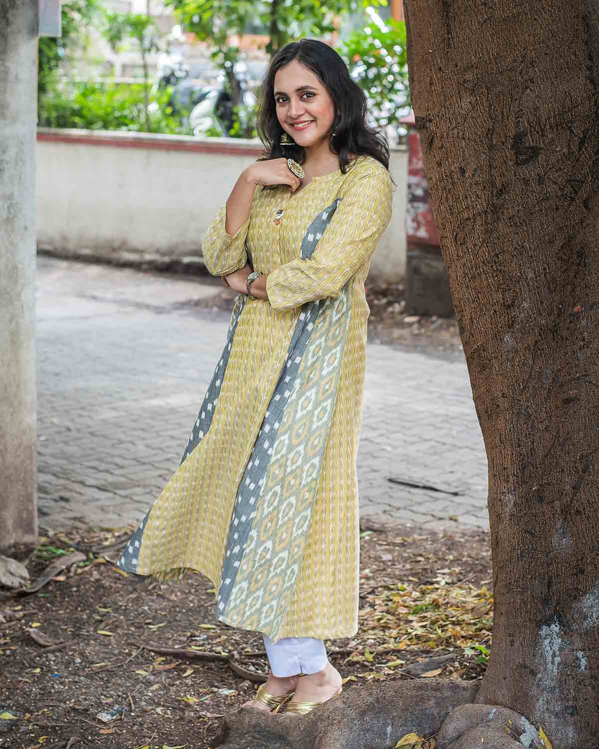 Yellow Gray Exclusive Ikkat dress / kurta