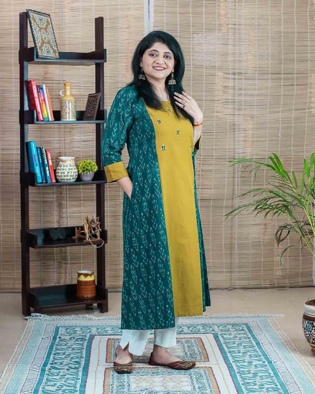 Mustard Rama Green Ikkat embroidered dress / kurta