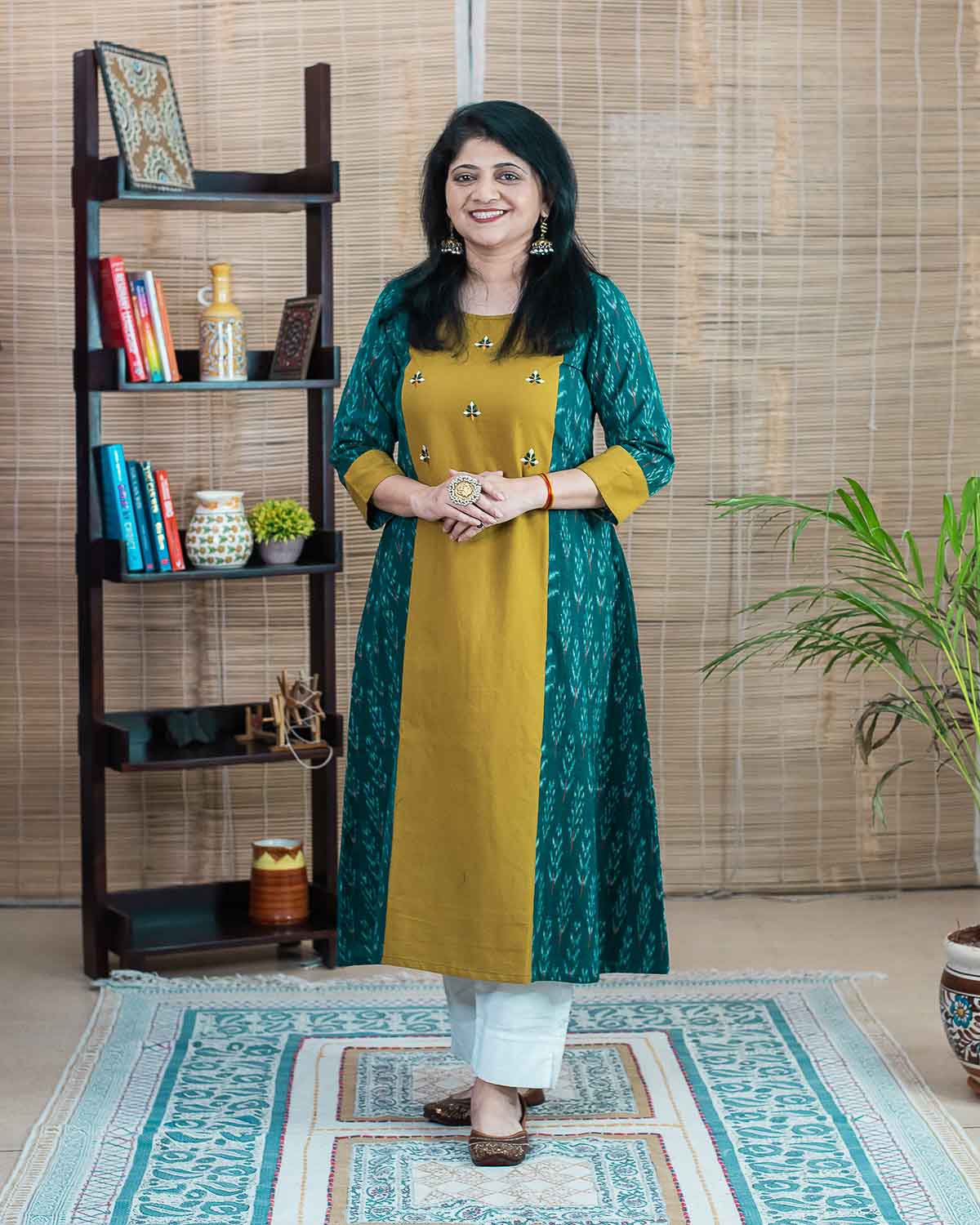 Mustard Rama Green Ikkat embroidered dress / kurta