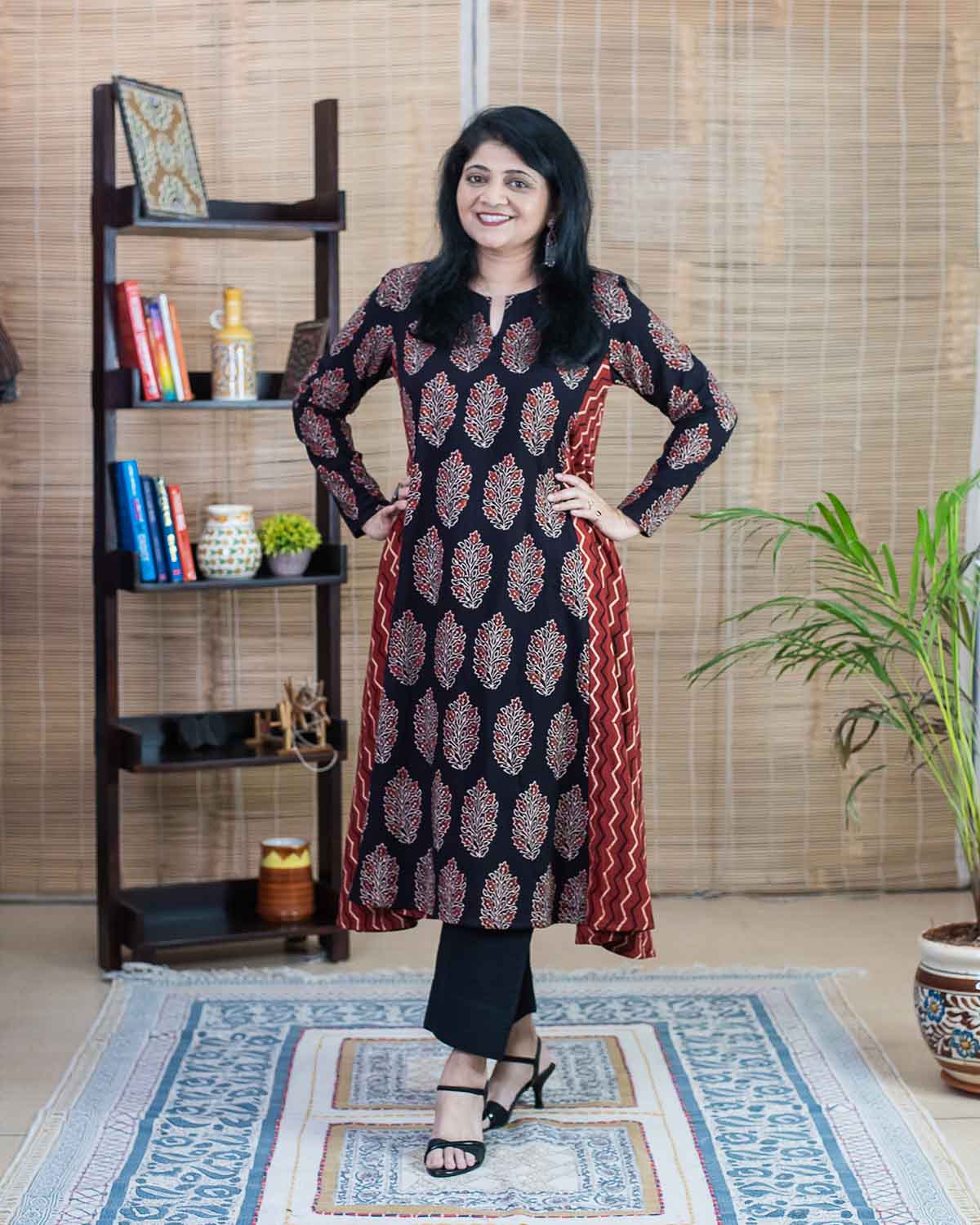 Flared Ajrakh Red black dress / kurta - Relaxed fit